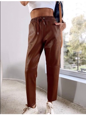 QN Kadın Lastikli Yüksek Bel Bağcıklı Deri Pantolon Taba