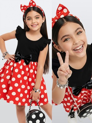Denokids Kız Çocuk Elbise Pamuk Poplin Kırmızı Beyaz Puantiyeli Büyük Saten Kurdele Detaylı Ilkbahar Yaz Sezonu 2-7 Yaş