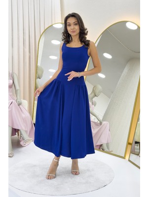 The Zks-Kadın Kare Yaka Kalın Askılı Kloş Elbise Siyah,saks, Lila, Kırmızı