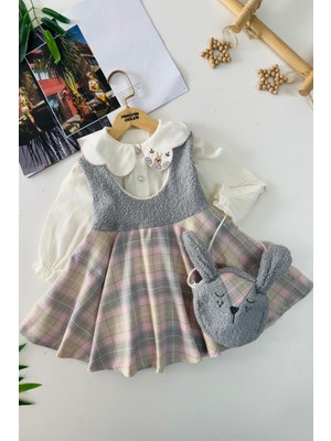 Miniğimin Cicileri Ekose Detaylı Elbise Yaka Işleme Detaylı Gömlekli Kız Çocuk 3 Lü Takım - Gri