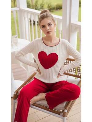 Bella Notte Kadınlar İçin Kırmızı Uzun Kollu Pijama Takımı Kalp Desenli Pamuklu Tasarım