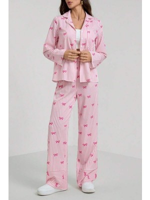 Bella Notte Pembe Fiyonk Baskılı Çizgili Pijama Takımı
