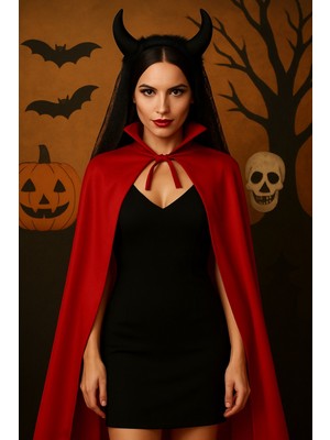 Toyfest Şeytan Kostüm Seti (Kırmızı Yakalı Pelerin + Dantelli Siyah Boynuzlu Taç) – Cadılar Bayramı Kostümü