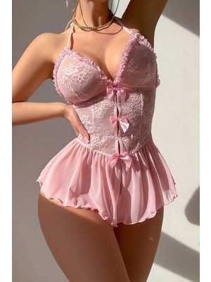 Bella Notte Kadın Tek Parça Toz Pembe Fiyonk ve Fırfır Detaylı Gecelik Elastan Kumaş