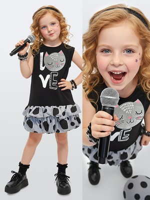 Denokids Kız Çocuk Elbise Siyah Kedi Ilkbahar Yaz Sezonu 4-10 Yaş