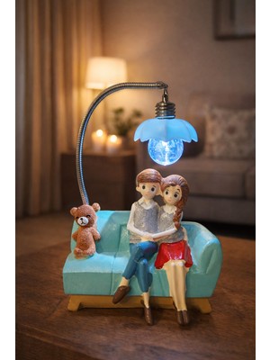 Biton Toptan Romantik Çift Figürlü Işıklı Biblo – Genç & Yatak Odası Dekoru - Sevgiliye Hediye, 18 cm Mavi