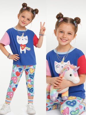 Denokids Kalpli Kedi Kız Çocuk T-Shirt Tayt Takım