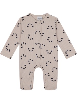Antebies Bej Panda Bambu Kumaş Uzun Kollu Bebek Patikli Tulum