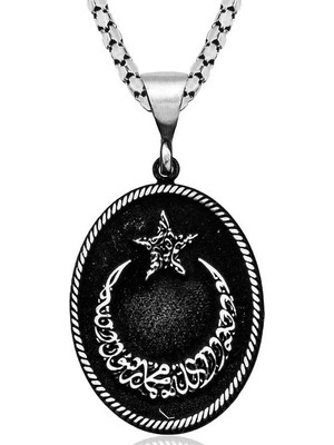 Gümüş Kelime-I Tevhid Yazılı Ay Yıldız Kolye