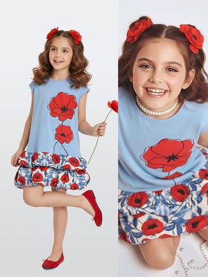 Denokids Kız Çocuk Çiçekli Elbise Mavi Gelincik Ilkbahar Yaz Sezonu 4-10 Yaş