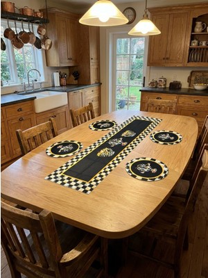 Siyah Beyaz Kare Desenli Runner & 4’lü Yuvarlak Supla Takım