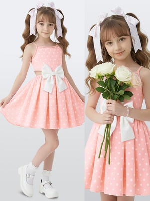 Denokids Kız Çocuk Elbise Pamuk Poplin Pembe Beyaz Puantiyeli Büyük Fiyonk Detaylı Ilkbahar Yaz Sezonu 4-8 Yaş