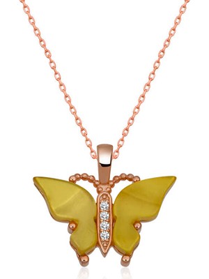 Gümüş Rose Sarı Kaplangözü Taşlı Kelebek Kolye
