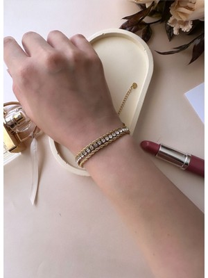 Intive Lingerie Kadın Çift Burgu Zincirli Su Yolu Taşlı 3'lü Çelik Bileklik