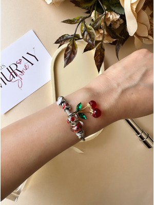 Intive Lingerie Kırmızı Kirazlı Gümüş Renk Çelik Pandora Charm Bileklik