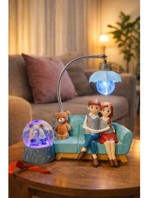 Deco Elit 2'li Set  Aşıklar Figürlü LED Işıklı Biblo - Mini Kar Küresi Işıklı - Sevgiliye Hediye Seti Mavi