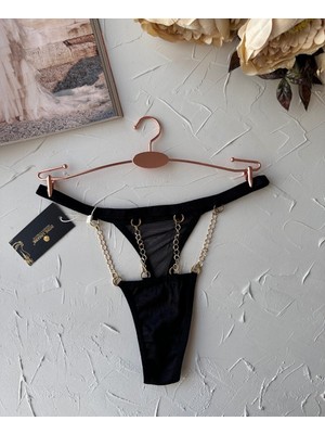 Intive Lingerie Siyah Önü Dörtlü Zincir Detaylı Transparan Ağı Pamuklu Fantezi TANGA-5257 (Özel Koleksiyon)