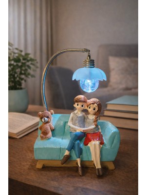 Deco Elit Romantik Çift Figürlü Işıklı Biblo – Genç & Yatak Odası Dekoru - Sevgiliye Hediye, 18 cm Mavi