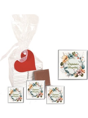 Mynil Madlen Çikolata Sargılı Düğün Modeli Çiçek Desenli 70 Adet Jelatin Poşetli Kalpli Etiketli