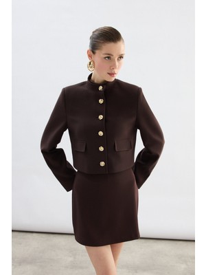 Sateen Düğmeli Kısa Ceket - Kahve