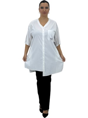 Aysel Büyük Beden Pamuklu Kapri Kol V Yaka Kuşaklı Cepli Kadın Gömlek