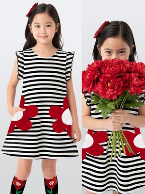 Denokids Kız Çocuk Çiçekli Elbise Siyah Beyaz Çizgili Ilkbahar Yaz Sezonu 3-6 Yaş