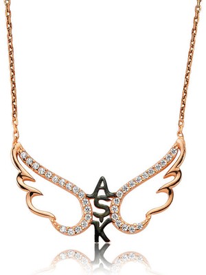 Gümüş Rose Aşk Yazılı Melek Kanadı Kadın Kolye