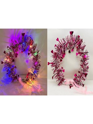 MiraLive Kalp Püsküllü Gece Parıltısı 3 Modlu LED Li Işıklı Taç Fuşya Renk
