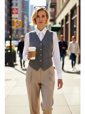 Benerly Kadın V Yaka Kolsuz Regular Kalıp Astarlı Düz Desen Poliviskon Dokuma Kumaş Regular Boy Yelek Modeli