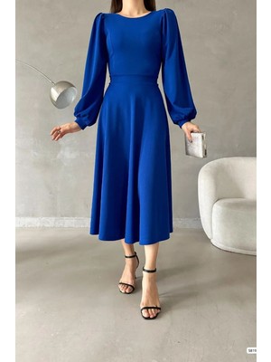 Ezraa Saks Mavisi Balon Kol Bisiklet Yaka Midi Elbise