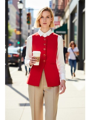 Benerly Kadın V Yaka Kolsuz Fitted Kesim Astarlı Önü Düğmeli Düz Dokuma Yelek Iş Ortamı Için Uzun Boy