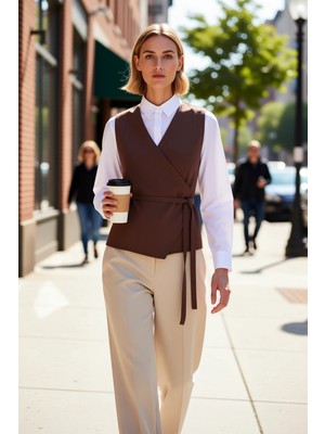 Benerly Kadın Kruvaze Yaka Kolsuz Dokuma Yelek Düz Desen Fitted Kalıp Astarlı Regular Boy Twill Kumaş