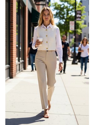 Benerly Kadın Bisiklet Yaka Kolsuz Düz Desen Dokuma Tüvit Yelek Regular Kalıp Astarsız Düğmeli Detay