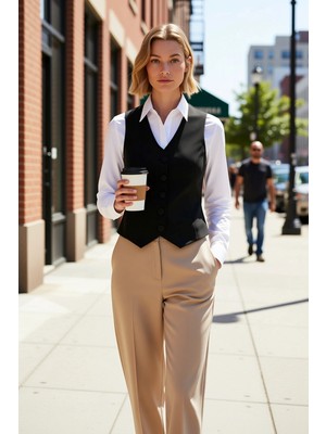 Benerly Kadın V Yaka Kolsuz Düğmeli Fitted Kesim Dokuma Kumaş Crop Yelek Astarlı Düz Desen Çift Cepli