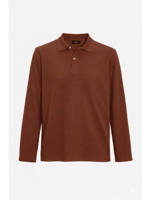 Tudors Erkek Standart Fit Rahat Kesim Pamuklu Yumuşak Dokulu Düz Pike Uzun Kollu Kahverengi Polo Yaka Tişört