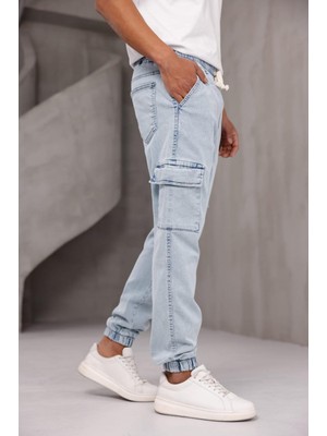 Oksit Dasser Paçası ve Beli Lastikli Slim Fit Likralı Kot Kargo Pantolon