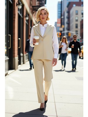 Benerly Kadın Ceket Yaka Kolsuz Dokuma Yelek Düz Desen Astarlı Oversize Kalıp Yan Detaylı Tasarım Şık Büyük Beden