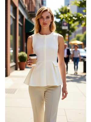 Benerly Kadın Bisiklet Yaka Kolsuz Fitted Kalıp Peplum Dokuma Yelek Düz Desen Astarsız Regular Boy