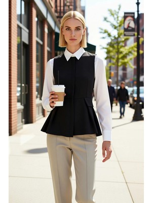 Benerly Kadın Bisiklet Yaka Kolsuz Fitted Kalıp Peplum Dokuma Yelek Düz Desen Astarsız Regular Boy