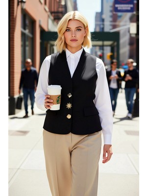 Benerly Kadın Büyük Beden Ceket Yaka Kolsuz Dokuma Yelek Regular Kalıp Düz Desen Finike Dokuma  Ürün