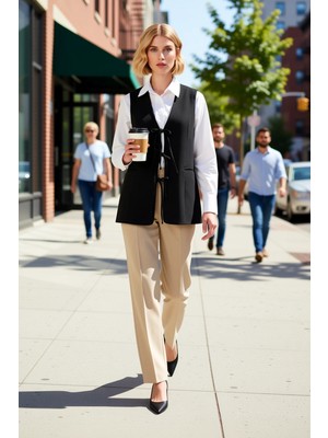 Benerly Kadın V Yaka Kolsuz Önden Bağlamalı Uzun Dokuma Yelek Basic Kalıp Astarlı Tüm Sezonlar Şık