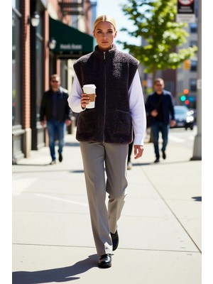 Benerly Kadın Büyük Beden Dik Yaka Kolsuz Fermuarlı Cep Detaylı Peluş Örme Yelek Günlük Kullanım Için