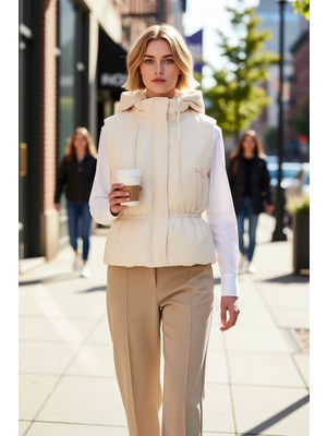 Benerly Kadın Kapüşonlu Kolsuz Şişme Yelek Regular Kalıp Astarlı Düz Desen Elyaflı Dolgulu Dokuma Şık