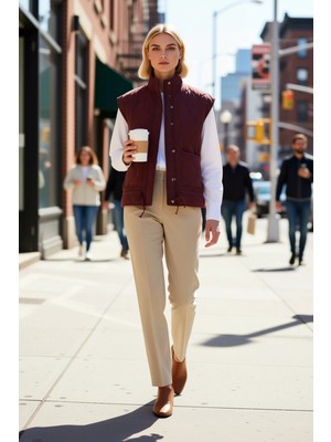 Benerly Kadın Büyük Beden Dik Yaka Kolsuz Dokuma Gabardin Kapitone Oversize Yelek Astarlı Düz %100 Pamuk