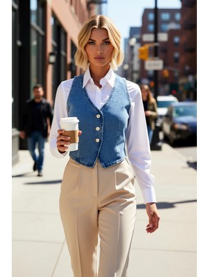 Benerly Kadın V Yaka Kolsuz Fitted Denim Yelek Düz Desen Astarsız Regular Boy Basic Siluet %100 Pamuk