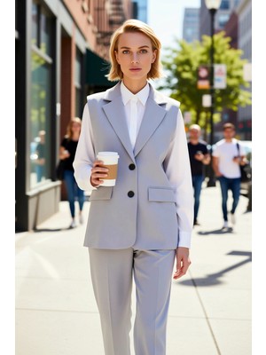 Benerly Kadın Ceket Yaka Kolsuz Vatkalı Dokuma Düz Desen Astarlı Regular Kalıp Regular Boy Yelek Şık