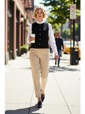 Benerly Kadın Bisiklet Yaka Sıfır Kol Örme Scuba Krep Kumaş Regular Kesim Kalp Düğme Detaylı Yelek