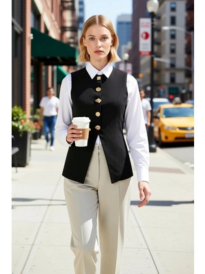 Benerly Kadın Regular Kalıp Bisiklet Yaka Kolsuz Dokuma Yelek Düğme Detaylı Modern Tasarım Ofis Giyim