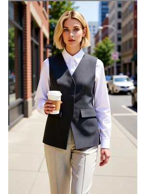 Benerly Kadın V Yaka Kolsuz Düz Desen Dokuma Astarlı Vücuda Oturan Yelek Çıtçıt Kapamalı Regular Boy