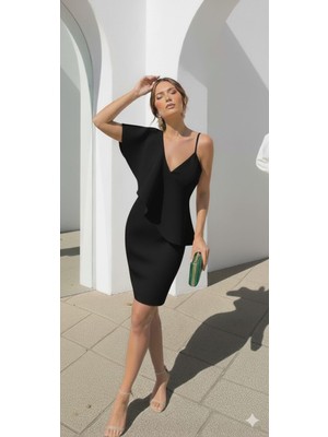 Kadın V Yaka Askılı Midi Elbise